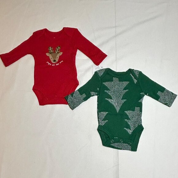 Carter's Baby Christmas 2 Pc Bodysuits Red Reindeer Green Tree Longsleeve NWT - Picture 2 of 4